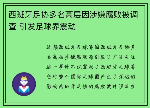 西班牙足协多名高层因涉嫌腐败被调查 引发足球界震动