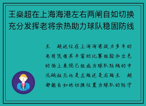 王燊超在上海海港左右两闸自如切换充分发挥老将余热助力球队稳固防线